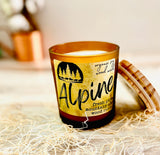 10oz SOY Candle- Alpine Scent - Wood Wick - Frosted amber Glass Votive with wood lid
