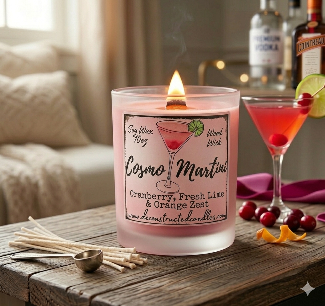 10oz SOY Candle - Cosmopolitan Martini Scent - Wood Wick - clear