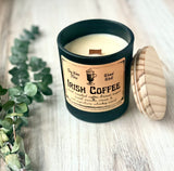 10oz SOY Candle - Irish Coffee Scent - Wood Wick - Frosted matte black container with Wood Lid