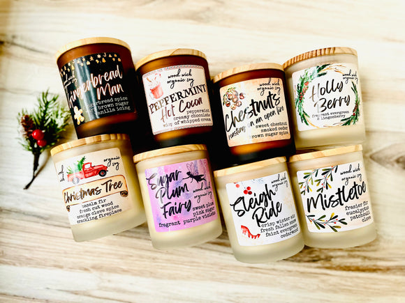 Christmas Candles - Organic soy wax -  cracking wood wicks - 10oz - 50 hours burn time