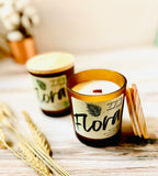 10oz SOY Candle- Flora Scent - Wood Wick - amber glass votive with wood lid