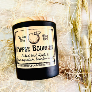 10oz SOY Candle- Apple Bourbon Scent - Wood Wick - Frosted matte black container with wood lid