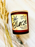 10oz SOY Candle - Blaze Scent - Wood Wick - amber glass votive with wood lid