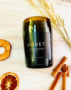 Prosecco wine bottle candle-  Voveti Prosecco bottle - Prosecco Scented - Organic Soy Wax - Hemp Wick