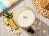 10oz SOY Candle - Pina Colada Scent - Wood Wick - clear frosted glass with wood lid