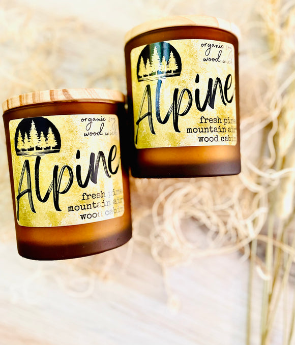 10oz SOY Candle- Alpine Scent - Wood Wick - Frosted amber Glass Votive with wood lid