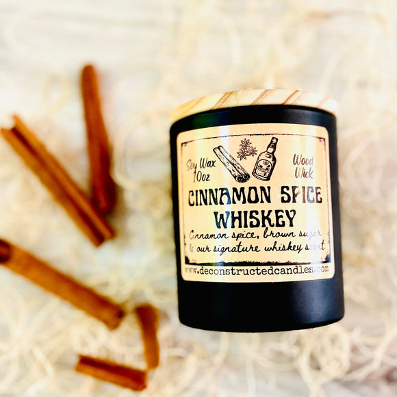 10oz SOY Candle- Cinnamon Spice Whiskey Scent - Wood Wick - Frosted matte black container with wood lid