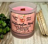 10oz SOY Candle - Watermelon Mint Scent - Wood Wick - clear frosted glass votive w/ wood lid