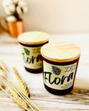 10oz SOY Candle- Flora Scent - Wood Wick - amber glass votive with wood lid