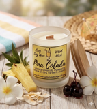 10oz SOY Candle - Pina Colada Scent - Wood Wick - clear frosted glass with wood lid