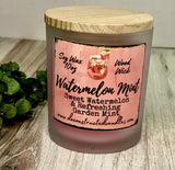 10oz SOY Candle - Watermelon Mint Scent - Wood Wick - clear frosted glass votive w/ wood lid