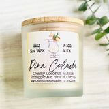 10oz SOY Candle - Pina Colada Scent - Wood Wick - clear frosted glass with wood lid