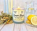 10oz SOY Candle - Lemon Drop Martini Scent - Wood Wick - clear frosted glass with wood lid