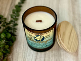 SOY Candle - Chincoteague Scent - EASTERN SHORE SCENT SERIES - Wood Wick - amber frosted glass votive w/ wood lid