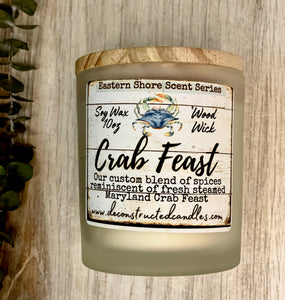 SOY Candle - Crab Feast Scent - EASTERN SHORE SCENT SERIES - Wood Wick - clear frosted glass votive w/ wood lid