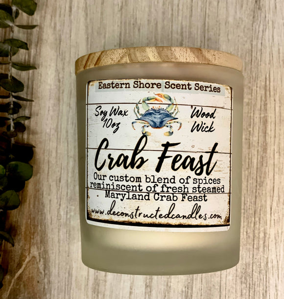 SOY Candle - Crab Feast Scent - EASTERN SHORE SCENT SERIES - Wood Wick - clear frosted glass votive w/ wood lid