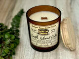 SOY Candle -Bumbleberry Pie Scent - EASTERN SHORE SCENT SERIES - Wood Wick - amber frosted glass votive w/ wood lid