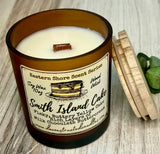 SOY Candle - Smith Island Cake Scent - EASTERN SHORE SCENT SERIES - Wood Wick - amber frosted glass votive w/ wood lid