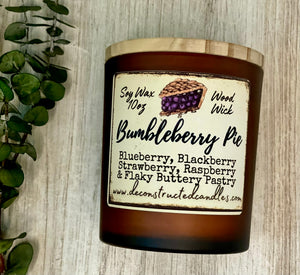 SOY Candle -Bumbleberry Pie Scent - EASTERN SHORE SCENT SERIES - Wood Wick - amber frosted glass votive w/ wood lid