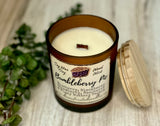 SOY Candle -Bumbleberry Pie Scent - EASTERN SHORE SCENT SERIES - Wood Wick - amber frosted glass votive w/ wood lid