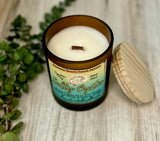 SOY Candle - Salty Oyster Scent - EASTERN SHORE SCENT SERIES - Wood Wick - amber frosted glass votive w/ wood lid