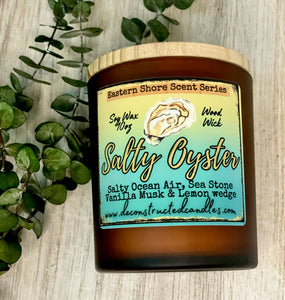 SOY Candle - Salty Oyster Scent - EASTERN SHORE SCENT SERIES - Wood Wick - amber frosted glass votive w/ wood lid