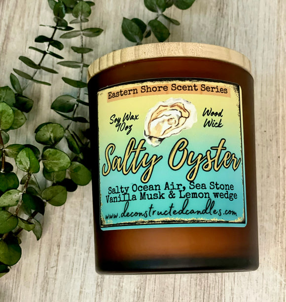 SOY Candle - Salty Oyster Scent - EASTERN SHORE SCENT SERIES - Wood Wick - amber frosted glass votive w/ wood lid