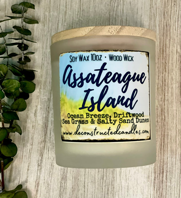 SOY Candle - Assateague Island Scent - EASTERN SHORE SCENT SERIES - Wood Wick - clear frosted glass votive w/ wood lid