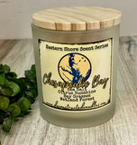 SOY Candle - Chesapeake Bay Scent - EASTERN SHORE SCENT SERIES - Wood Wick - amber frosted glass votive w/ wood lid