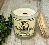 SOY Candle - Chesapeake Bay Scent - EASTERN SHORE SCENT SERIES - Wood Wick - amber frosted glass votive w/ wood lid