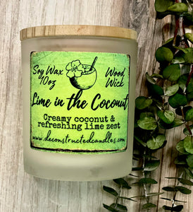 10oz SOY Candle - Lime in the Coconut Scent - Wood Wick - clear frosted glass votive w/ wood lid