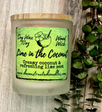 10oz SOY Candle - Lime in the Coconut Scent - Wood Wick - clear frosted glass votive w/ wood lid