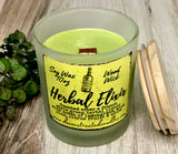 10oz SOY Candle - Herbal Elixer Scent - Wood Wick - clear frosted glass votive w/ wood lid