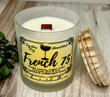 10oz SOY Candle- French 75 Scent - Wood Wick - clear frosted glass with wood lid