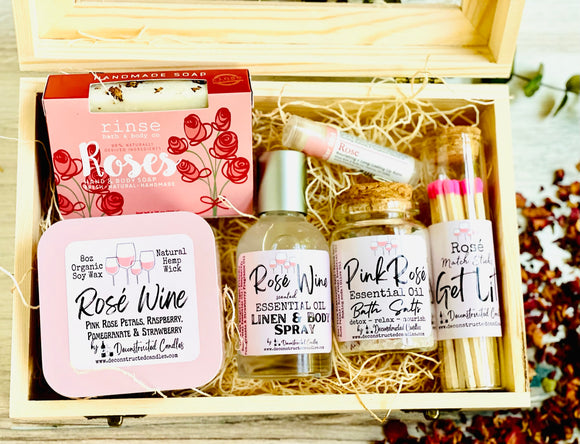 Rose Wine Deluxe Wooden Gift Box - Scent Box - Bath & Beauty gift set - Rose Wine Themed gift Set - Handmade/organic/natural - Essential Oils