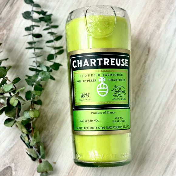 Chartreuse liquor bottle candle - scented to match -  soy wax - natural cotton wick- deconstructed candles
