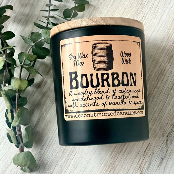 Luxury 10oz SOY Candle- Bourbon Scent - Wood Wick - Frosted matte black container with black lid