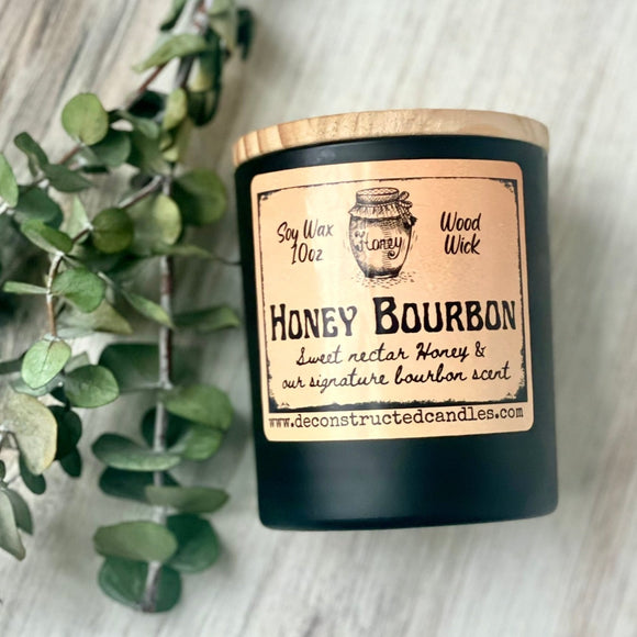 10oz SOY Candle - Honey Bourbon Scent - Wood Wick - Frosted matte black container with black lid