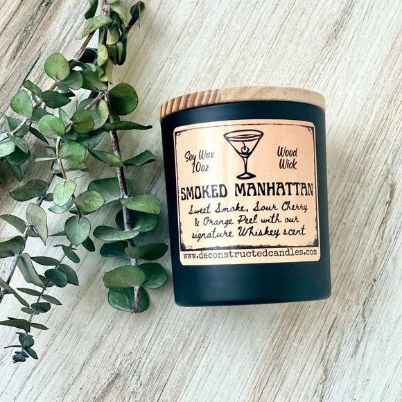 10oz SOY Candle- Smoked Manhattan Scent - Wood Wick - Frosted matte black container with Wood Lid