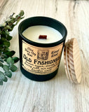 10oz SOY Candle- Old Fashioned Scent - Wood Wick - Frosted matte black container with wood lid