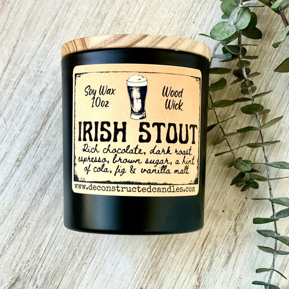 10oz SOY Candle- Irish Stout Scent - Wood Wick - Frosted matte black container with wood lid