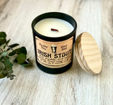 10oz SOY Candle- Irish Stout Scent - Wood Wick - Frosted matte black container with wood lid