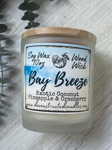 10oz SOY Candle - Bay Breeze Scent - Wood Wick - clear frosted glass votive w/ wood lid