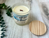 10oz SOY Candle - Bay Breeze Scent - Wood Wick - clear frosted glass votive w/ wood lid