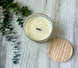 10oz SOY Candle - Bay Breeze Scent - Wood Wick - clear frosted glass votive w/ wood lid