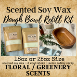 Soy Wax Dough Bowl Candle Refill Kit - 18oz or 25oz sizes - Floral & Greenery Scents - Pre-Scented Soy Wax, Wood Wicks & Metal Safety Strip Included