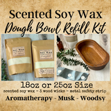 Soy Wax Dough Bowl Candle Refill Kit - 18oz or 25oz sizes - Pre-Scented Soy Wax, Wood Wicks & Metal Safety Strip Included