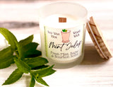 10oz SOY Candle - Mint Julep Scent - Wood Wick - clear frosted glass with wood lid