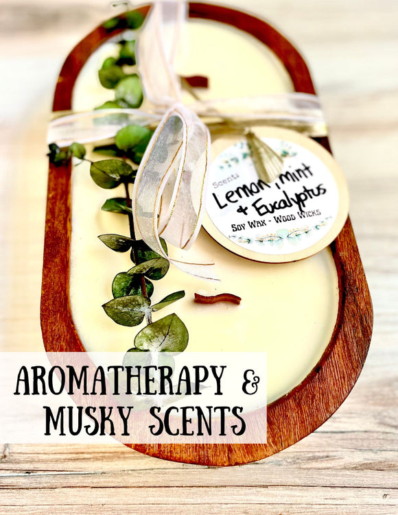 18oz Rustic Brown Wood Dough Bowl Candles - AROMATHERAPY/MUSK/WOODSY - triple wood wicks - soy wax
