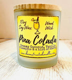 10oz SOY Candle - Pina Colada Scent - Wood Wick - clear frosted glass with wood lid